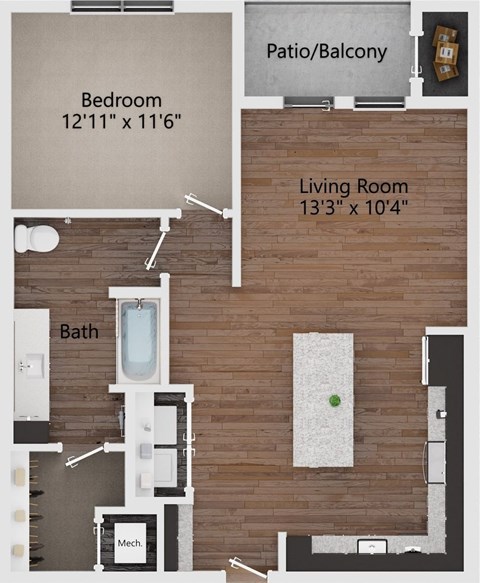 Floor plan for 1 bed, 1 bath, 854 sqft